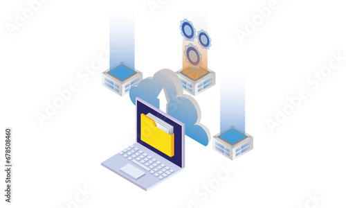 Isometric Conceptual template folder on laptop computer screen. Scene for cloud computing technology, online digital information storage.on white background.3D design.isometric vector design.