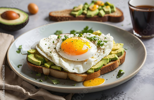 Breakfast with Fresh Avocado and Sunny-Side up Egg on Toasted Bread. Generated with AI