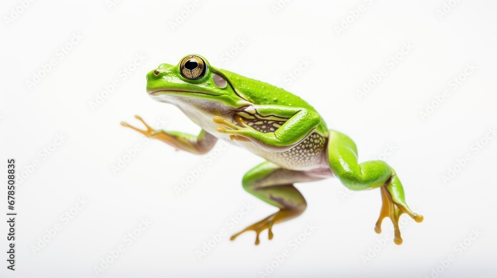 A Green frog jumping on white isolated background. A Green frog jumping on white isolated background.