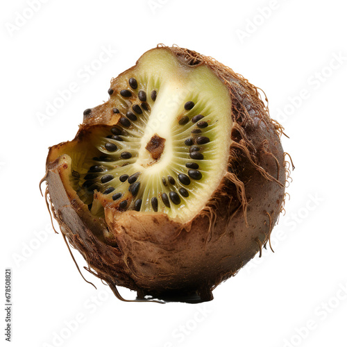 Front view close up of rotten spoiled kiwi fruit isolated on a white transparent background