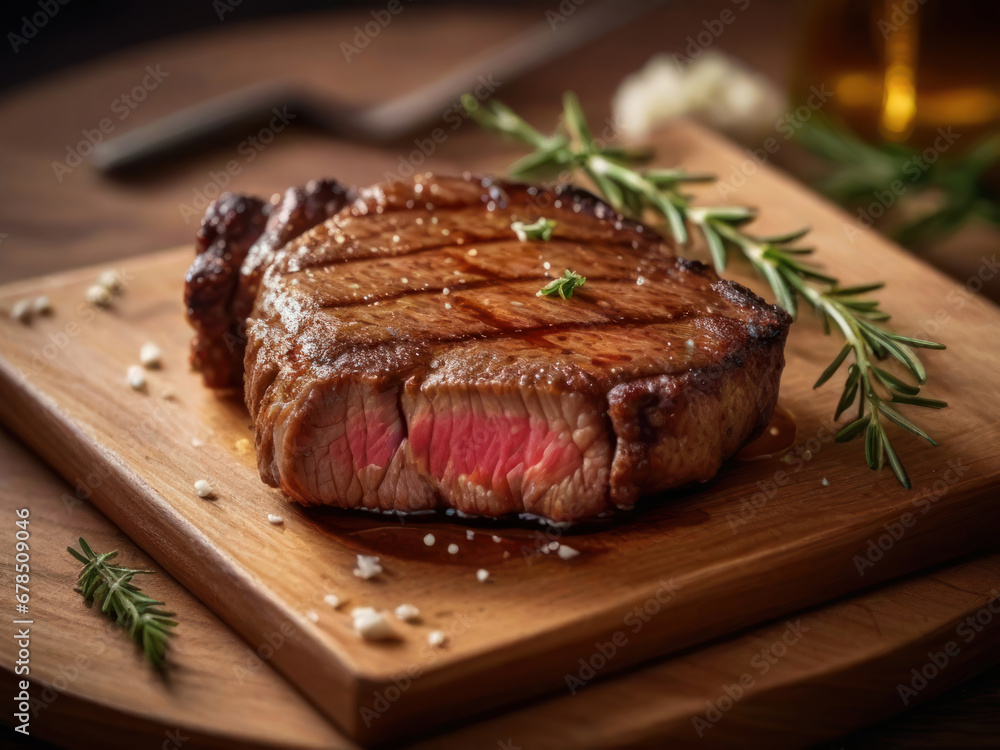 Sliced ​​flank steak cooked medium on a charcoal grill. Juicy pieces of Rib Eye beef steak in a pan on a wooden board with a fork and knife, spices and salt.