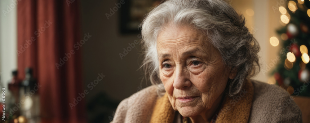 Sad old grandmother on New Year's Day. Upset woman at Christmas feeling bored, thinking about problems, feeling lonely, sad, depressed, suffering from apathy, loneliness during holidays. Myrealholiday