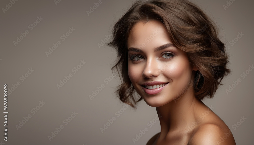 Fototapeta premium Portrait of a brown-haired young woman with natural makeup and natural style. Advertising of natural cosmetics, beauty salon. Care cosmetics, face and body skin care. close-up. brown background banner
