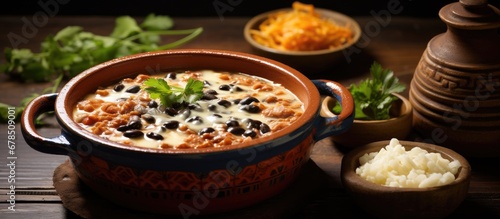 Traditional Honduran beans and cheese dip served over anafre photo