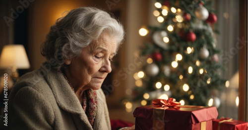 Sad old granny on New Year's Day. Christmas of a lonely elderly woman. Myrealholiday
