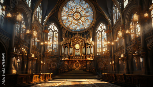 Majestic Gothic basilica, symbol of spirituality, illuminated by stained glass generated by AI