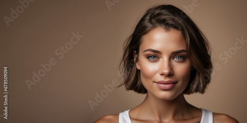 Portrait of a brown-haired young woman with natural makeup and natural style. Advertising of natural cosmetics, beauty salon. Care cosmetics, face and body skin care. close-up. brown background banner photo