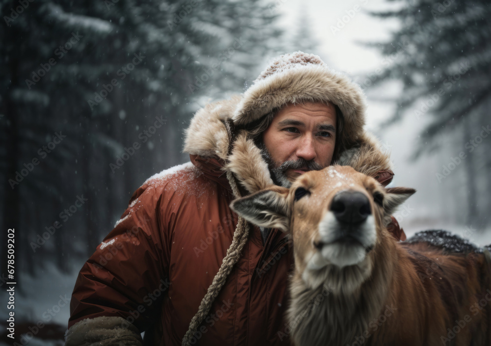 Fototapeta premium portrait of a man with a deer in the forest. Christmas