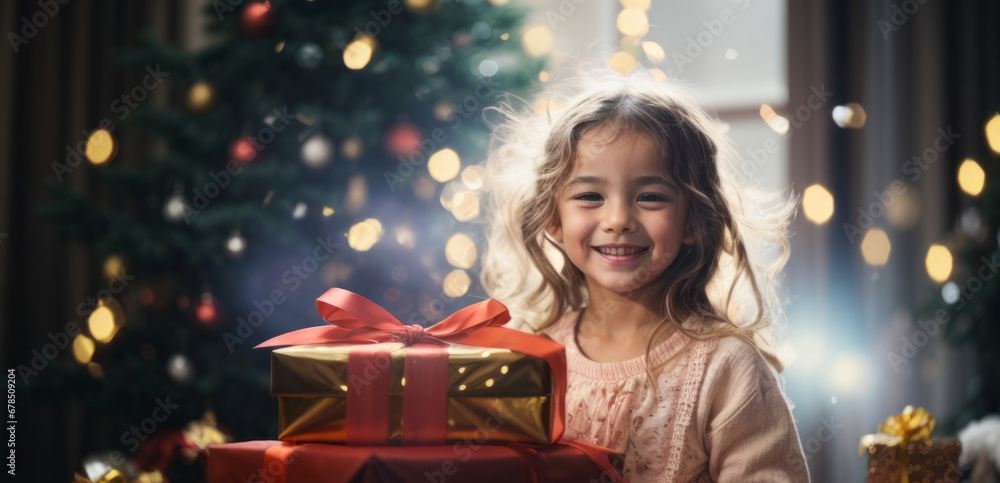 cheerful girl receives a gift for the New Year. on Christmas night. child Emotions happiness and joy. Myrealholiday cheerful girl receives a gift for the New Year. on Christmas night. child Emotions happiness and joy. Myrealholiday