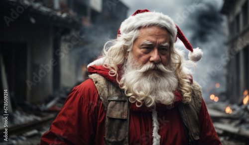 sad old grandfather Santa Claus. background of destroyed apocalypse buildings on the battlefield. military Christmas. Myrealholiday