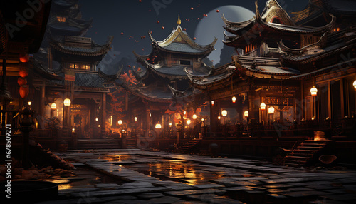 Nightfall in Beijing, ancient pagodas illuminate the city rich history generated by AI
