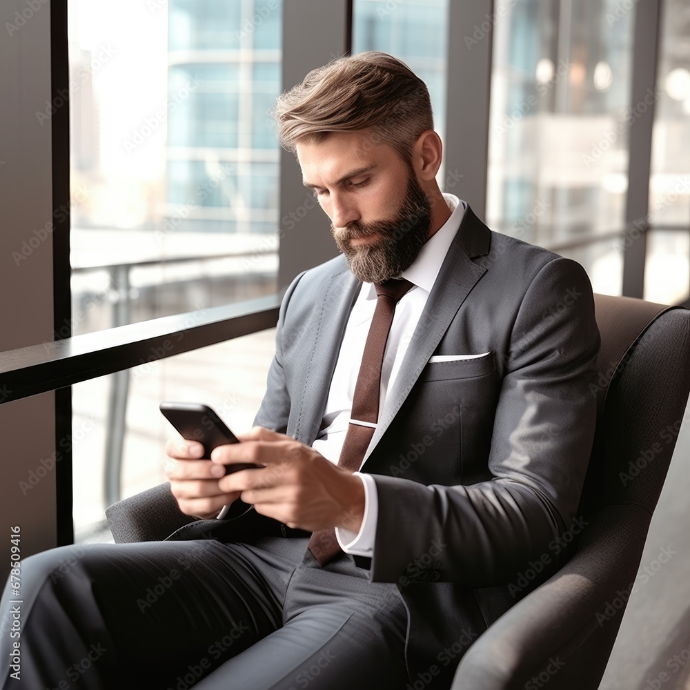 Bearded man top manager in business suit using mobile phone technology business app, typing email sitting at work desk