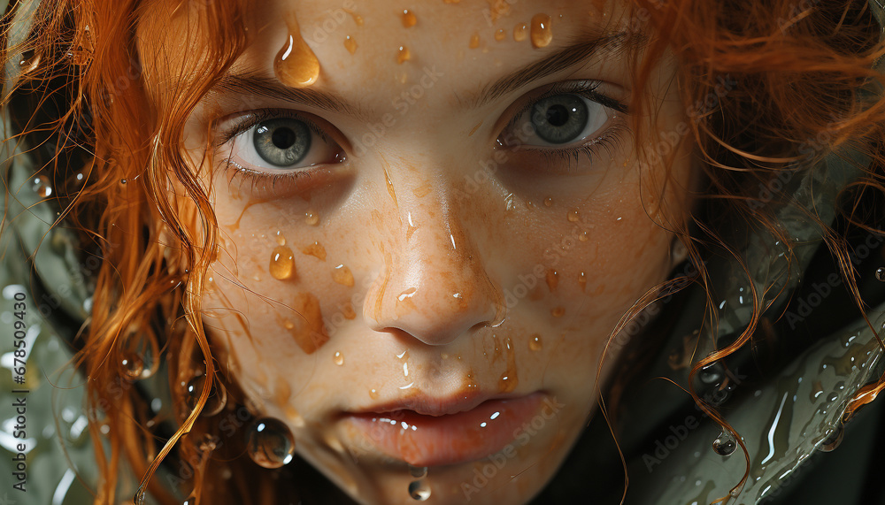 Cute redhead girl smiling, wet from rain, looking cheerful generated by AI Cute redhead girl smiling, wet from rain, looking cheerful generated by AI