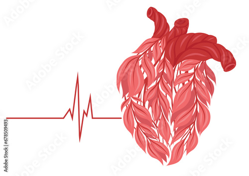 Vector horizontal card with pink healthy human heart made of leaves with cardiogram. Safe heart transplant. Eco friendly lifestyle with pulse.