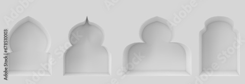 Arch window of mosque or muslim building. Realistic vector illustration set of islamic or indian traditional geometric arc shape frames in white wall. Oriental style door or gate border element.
