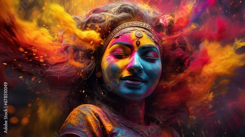An artistic depiction of Holi celebrations with a focus on the intricate patterns and designs created using colored powders, showcasing the beauty and artistry of the festival