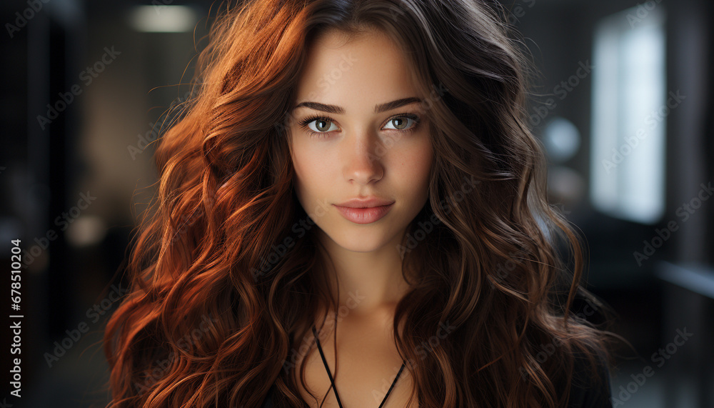 Beautiful young woman with long curly brown hair, looking confidently at the camera generated by AI Beautiful young woman with long curly brown hair, looking confidently at the camera generated by AI