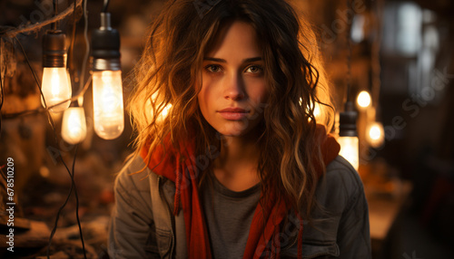 Young woman looking at camera, smiling, outdoors, casual clothing generated by AI © Stockgiu