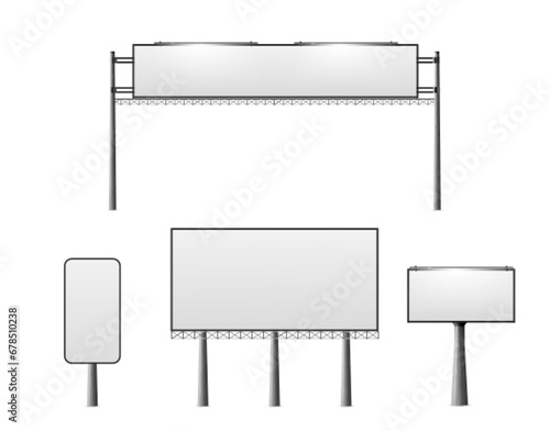 Street billboard mockup with blank white banner and lamps on metallic pillars. Realistic vector illustration set of outdoor road board for advertising sign. Horizontal signage panel template.