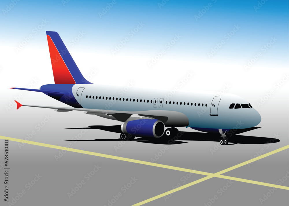 Airplane parked at the airport. 3d color vector illustration