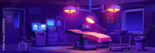 Night surgery room interior with equipment. Vector cartoon illustration of dark operating theater with medical tools and technology, patient bed, lamp light, surgeon stool, life support system monitor