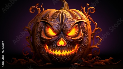 An intricately designed pumpkin face with a haunting and eerie look  brightly illuminated and contrasting with a deep and moody multicolor background  evoking the spookiness of Halloween