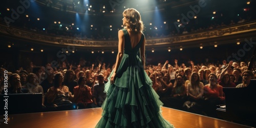 Beautiful girl in a green evening dress on the background photo
