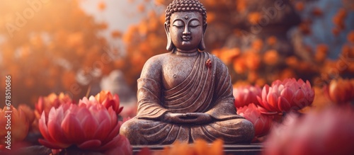 Buddhist statue religion depicted with flowers photo