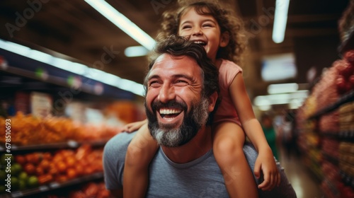 Beautiful young parents and their cute little daughter are smiling while choosing food