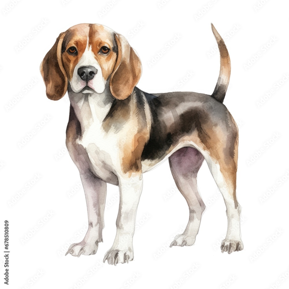 Beagle dog breed watercolor illustration. Cute pet drawing isolated on white background.