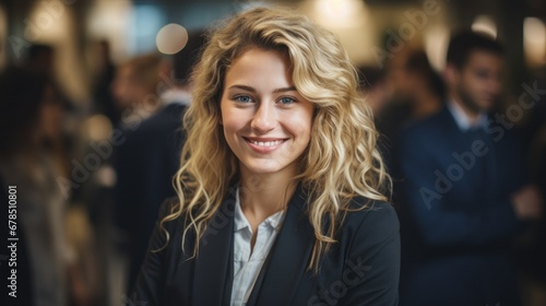 Blonde female executive posing with smile and arms crossed during brainstorm
