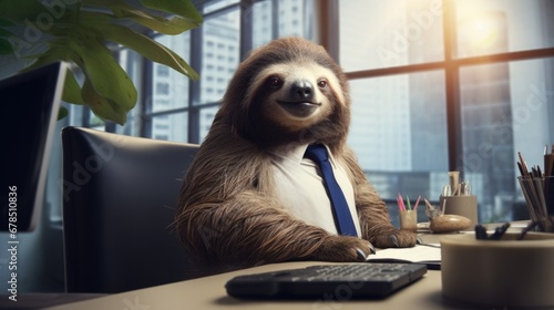 Anthropomorphic sloth doing accounting work very lazy. Slow worker photo