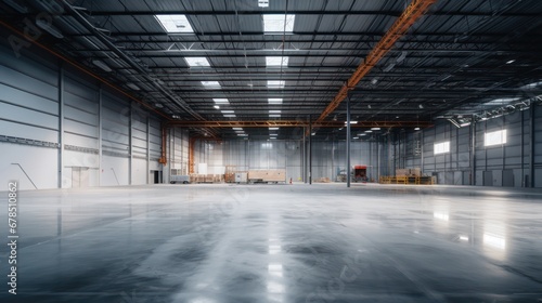 A Empty warehouse with concrete floor inside industrial building Use it as a large factory, warehouse, hangar or factory. Modern interior with steel structure with space for an industrial background.