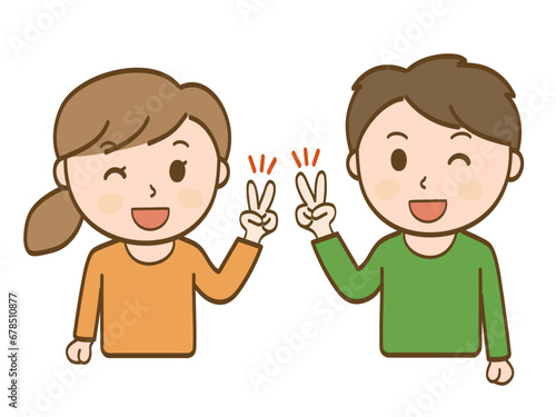 笑顔でピースサインをする若い男性と女性のカップルのイラスト