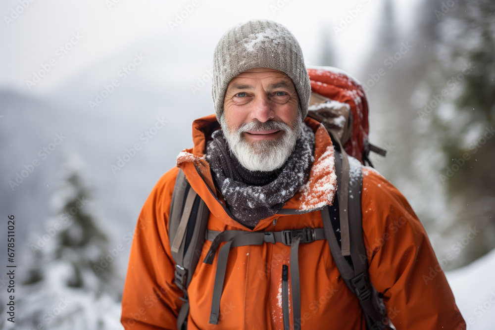 Fototapeta premium Portrait of an elderly man hiking in mountains with red backpack at winter