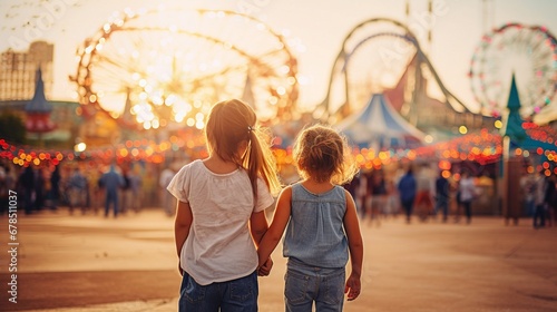 Dos hermanas caminan de la mano en una feria, capturando el vínculo familiar y la magia del carnaval al atardece