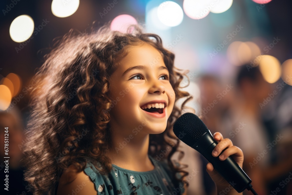 charming girl child singing emotionally at a concert in front of a microphone, charming girl child singing emotionally at a concert in front of a microphone,