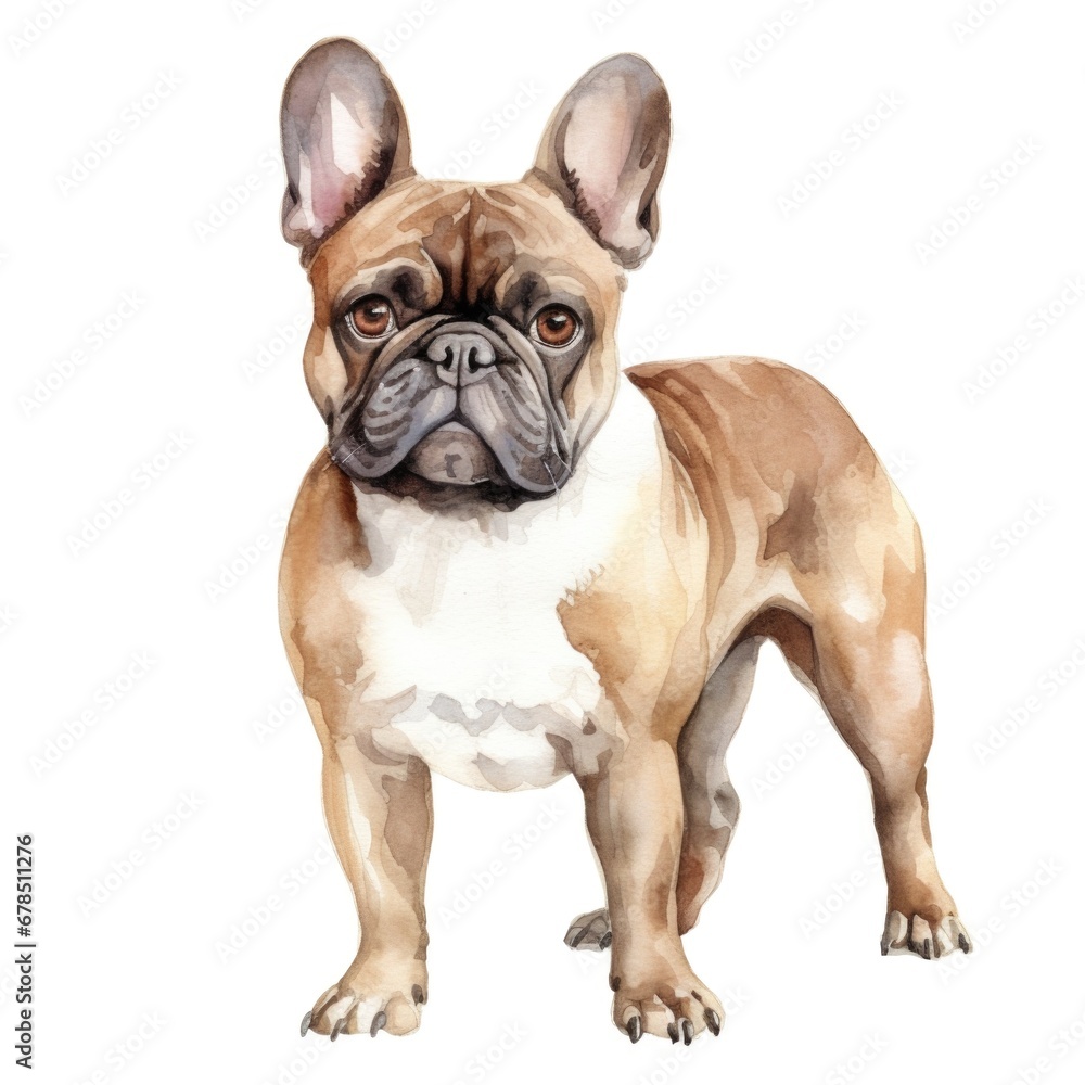 French Bulldog dog breed watercolor illustration. Cute pet drawing isolated on white background.