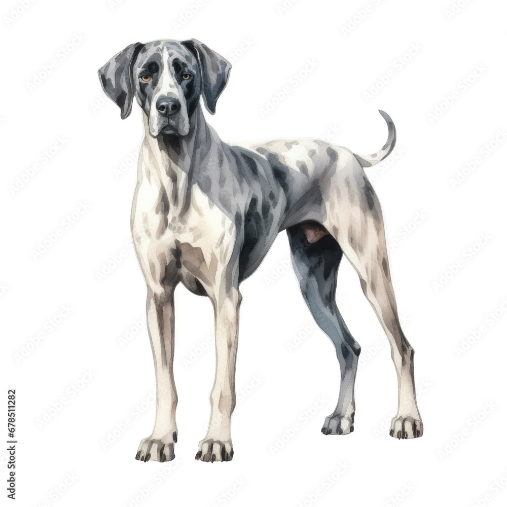 Great Dane dog breed watercolor illustration. Cute pet drawing isolated on white background. Great Dane dog breed watercolor illustration. Cute pet drawing isolated on white background.