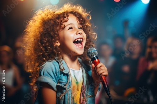 charming girl child singing emotionally at a concert in front of a microphone,
