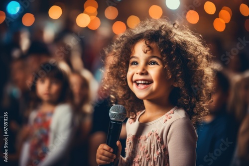 charming girl child singing emotionally at a concert in front of a microphone,