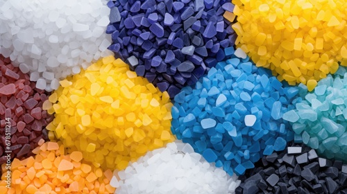 Piles of crushed plastic granules. Polymer recycle industry. PVC production, colorful thermoplastic