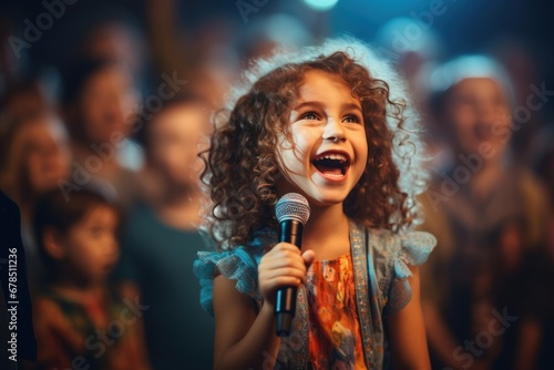 charming girl child singing emotionally at a concert in front of a microphone,