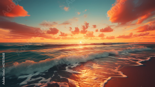Colorful sunset and waves on the beach poster web PPT background © Derby