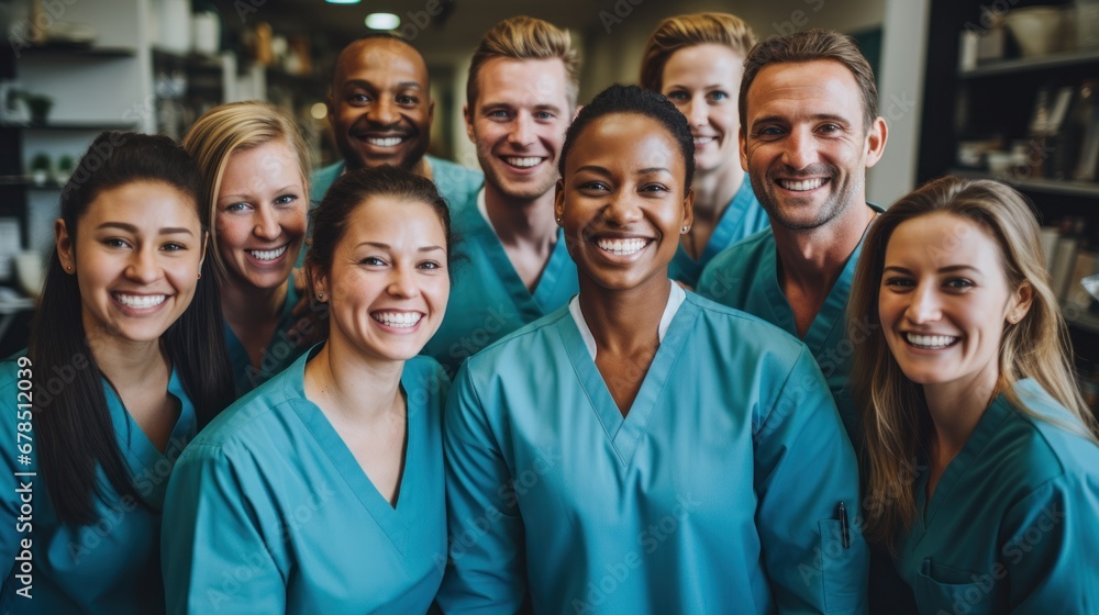 Group portrait, doctors and below in circle, smile and teamwork for healthcare, - obrazy, fototapety, plakaty 