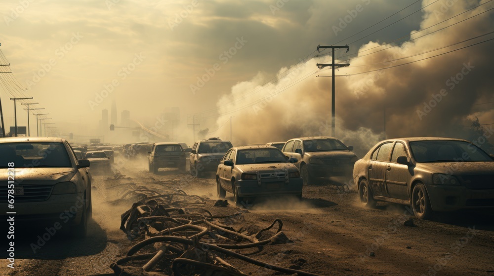 Traffic jams on the highway, dust, dirt, and impurities in the air The car was foggy and very covered. - obrazy, fototapety, plakaty 