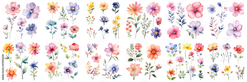 Set of wildflower bouquet collection with watercolor. Set garden pink flowers, leaves, branches, Botanic illustration isolated on white background. Watercolor floral vector for any design.