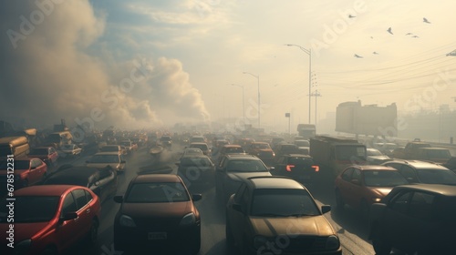 Traffic jams on the highway, dust, dirt, and impurities in the air The car was foggy and very covered. © sirisakboakaew