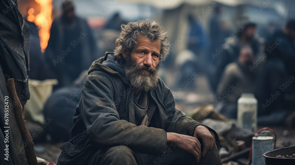 homeless and in poverty in a tent city, alone - obrazy, fototapety, plakaty 