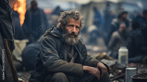 homeless and in poverty in a tent city, alone photo